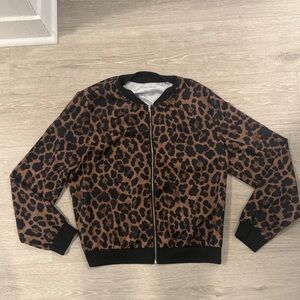 Leopard Print Zip-Up Bomber Jacket - Brown & Black